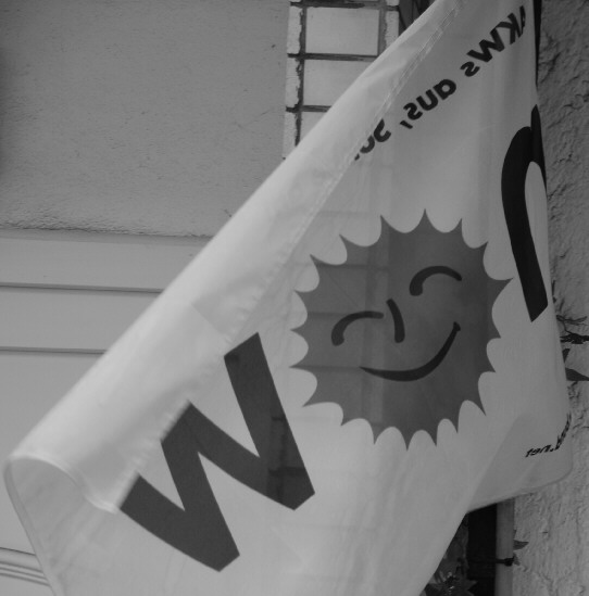 Anti-Atomkraft-Flagge vor einer Haustür