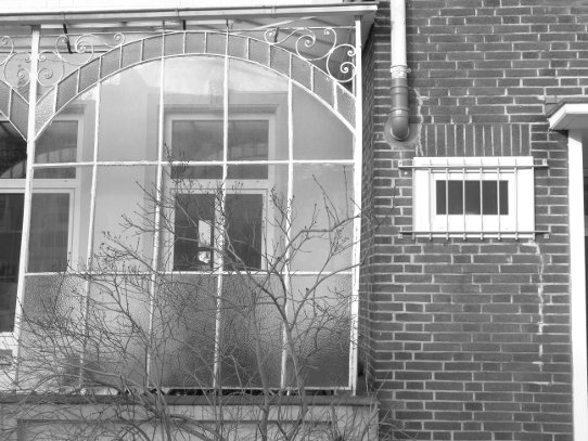 Bremen, Hastedt: die verglaste Front des Wintergarten eines Altbremer Hauses mit kunstvollen schmiedeeisernen Verzierungen kontrastiert mit einer kahlen Backsteinmauer eines modernen Hauses, insbesondere mit der funktionellen Vergitterung des kleinen Fensters neben der Haustür.