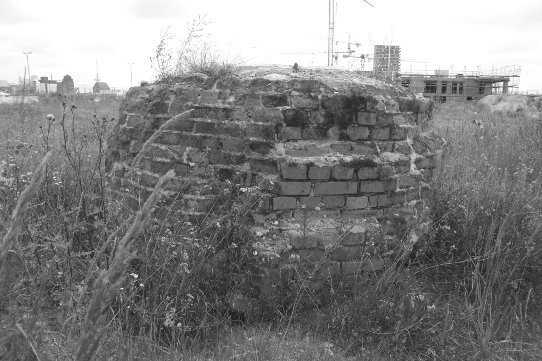  Seltsames, kuppelförmiges Stück Mauerwerk auf der Brachfläche hinter der geschlossenen Bebauung in der Überseestadt